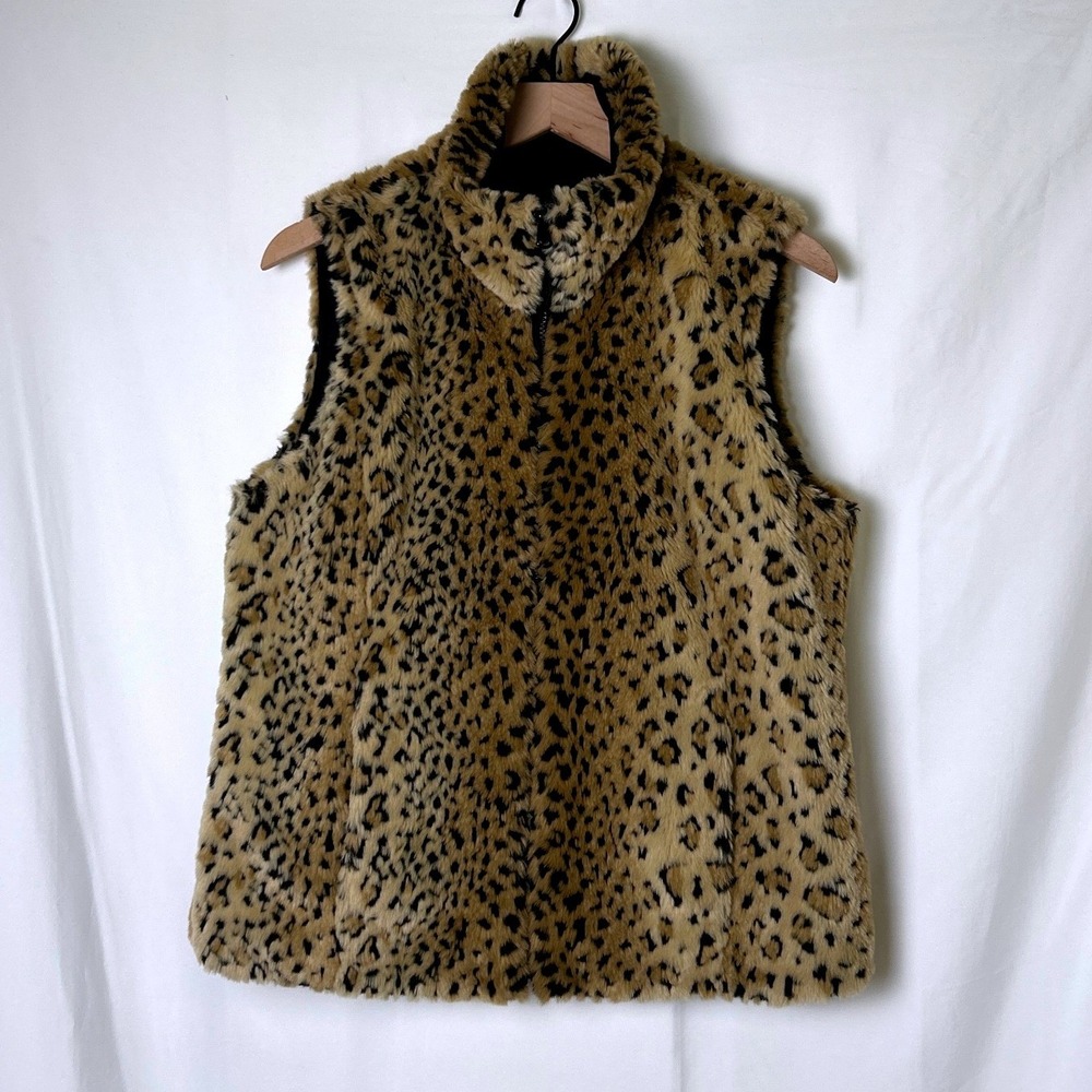 Kristen Blake Womens Reversible Faux Fur Leopard Print Vest Size S Black Brown